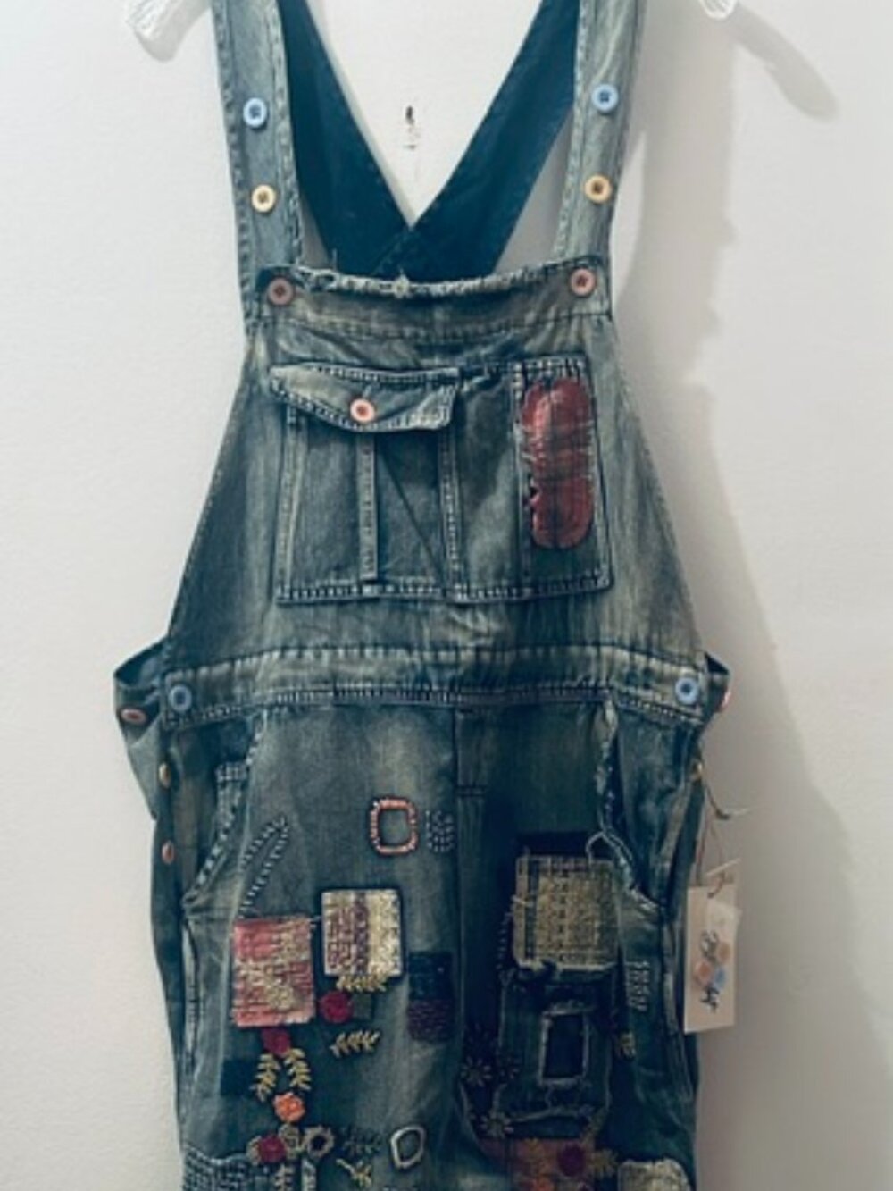 Blue Velvet Embroidery Multi Color Patchwork Mineral Wash Button Overalls NWT